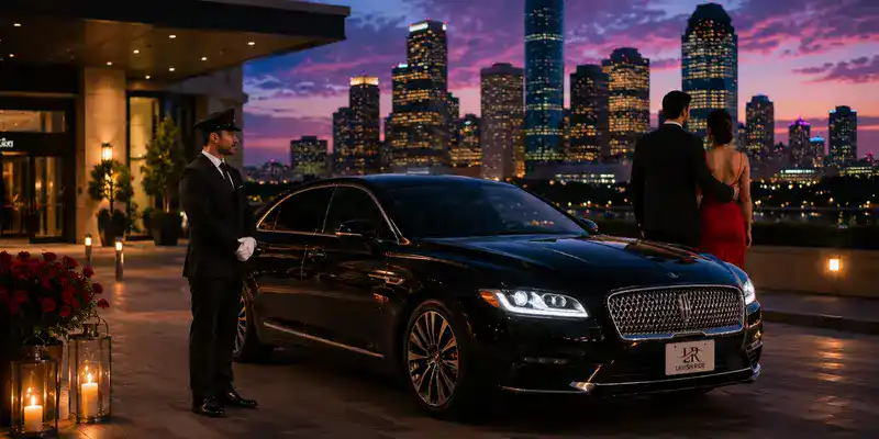 Professional chauffeur beside a luxury sedan with the official Lavish Ride logo as an elegantly dressed couple enjoys a romantic evening in Houston.